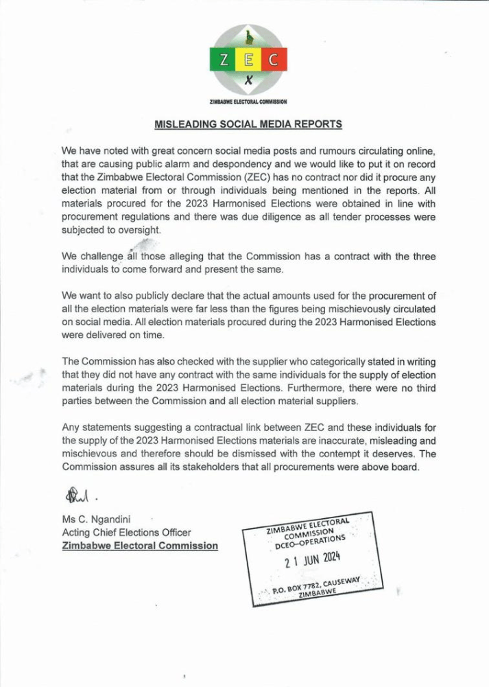 ZEC's Statement || Kumbirai Thierry Nhamo