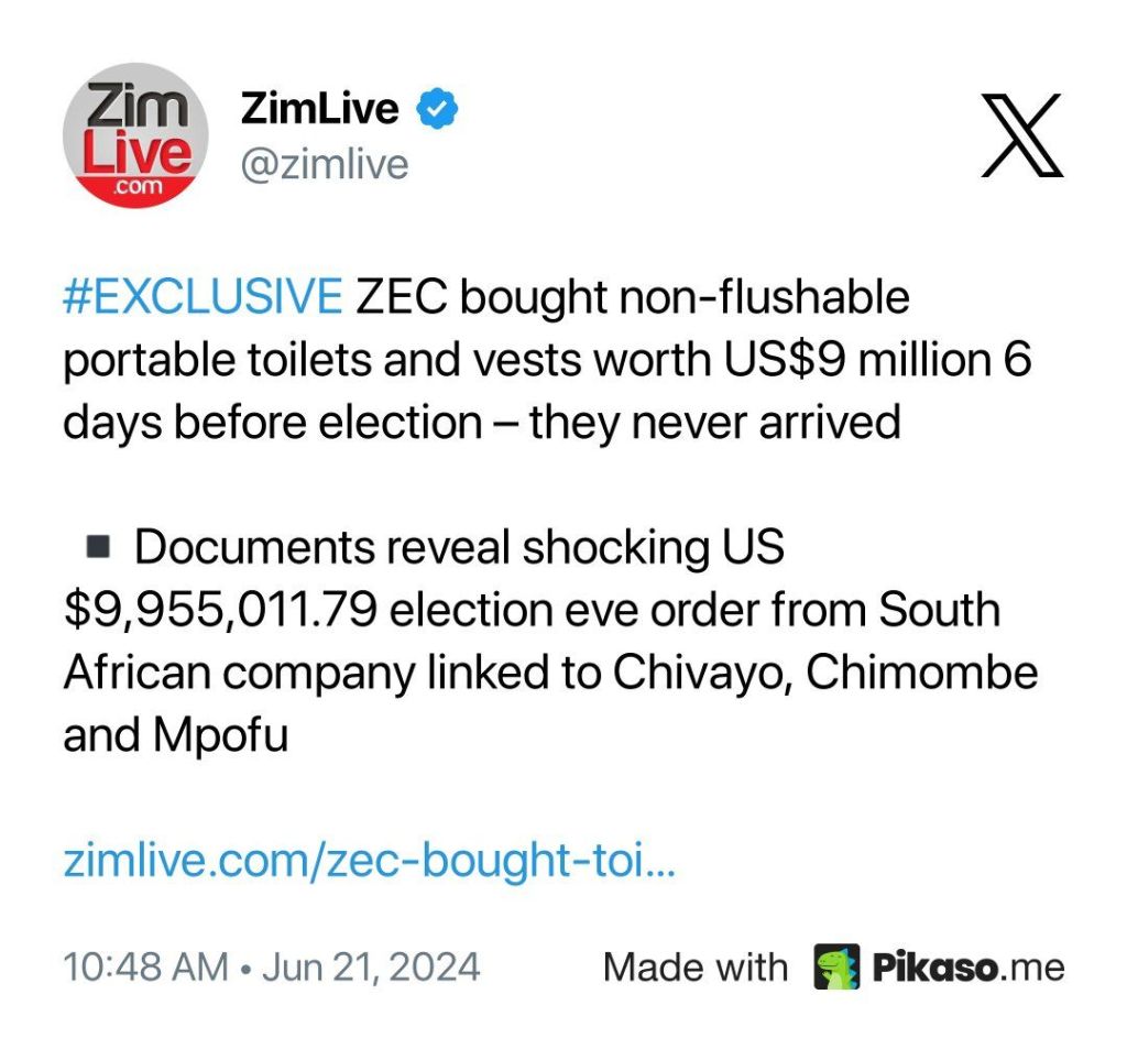 Report by Zimlive claims Ze3bought non-flushable portable toilets and vests worth USD$9.9 Million || Kumbirai Thierry Nhamo