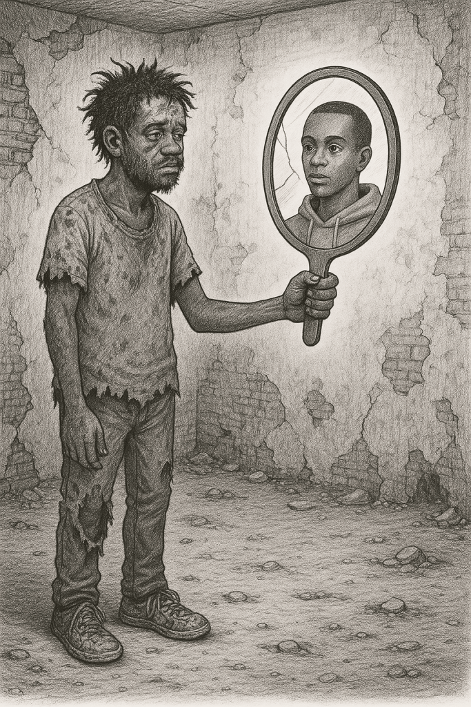 A man with a disheveled appearance holds a mirror, revealing a reflection of himself as a well-groomed individual, in a dilapidated room with crumbling walls and a dirt floor.
Credit:Kumbirai Thierry Nhamo 