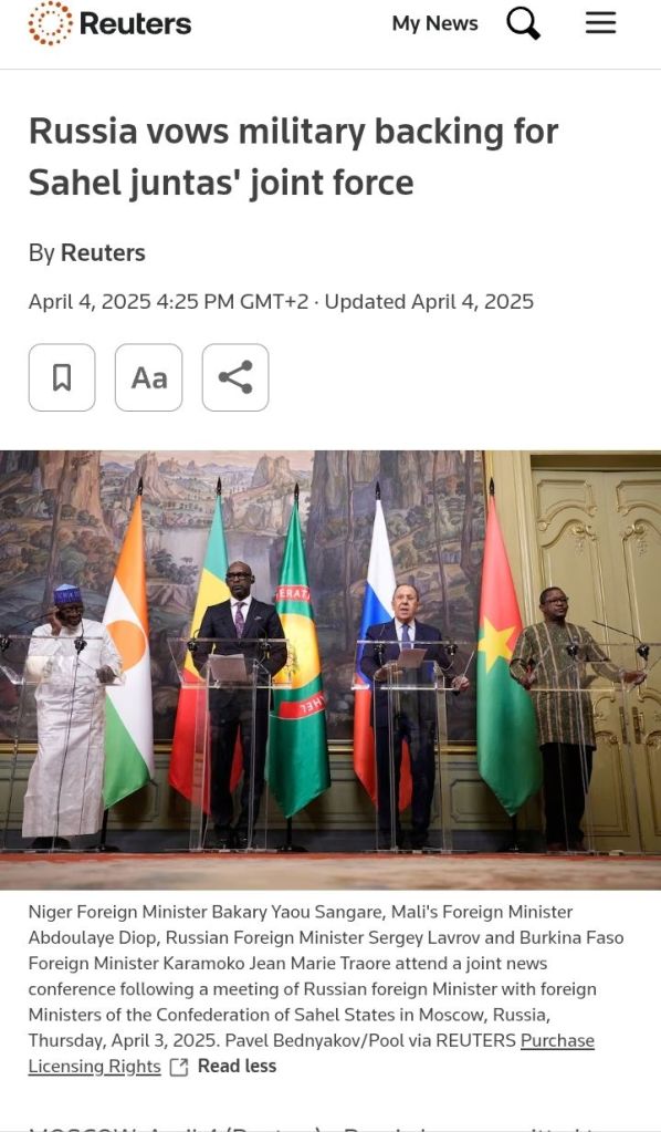 Niger Foreign Minister Bakary Yaou Sangare, Mali's Foreign Minister Abdoulaye Diop, Russian Foreign Minister Sergey Lavrov and Burkina Faso Foreign Minister Karamoko Jean Marie Traore attend a joint news conference following a meeting of Russian foreign Minister with foreign Ministers of the Confederation of Sahel States in Moscow, Russia, Thursday, April 3, 2025. Pavel Bednyakov/Pool via REUTERS Purchase Licensing Rights